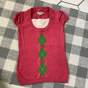 Cherokee short sleeve sweater - girls M 7/8 - pink green argyle holiday Easter